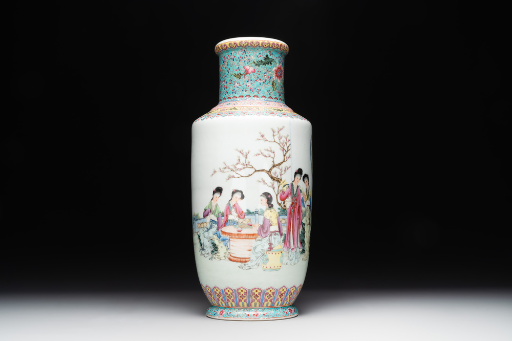 A Chinese famille rose vase with ladies in a garden, Qianlong mark, 20th C.