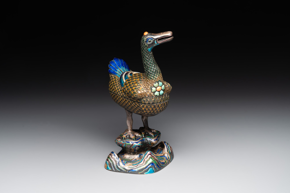 A rare Chinese turquoise and red coral inlaid silver enamelled duck-shaped censer and cover, 19/20th C.