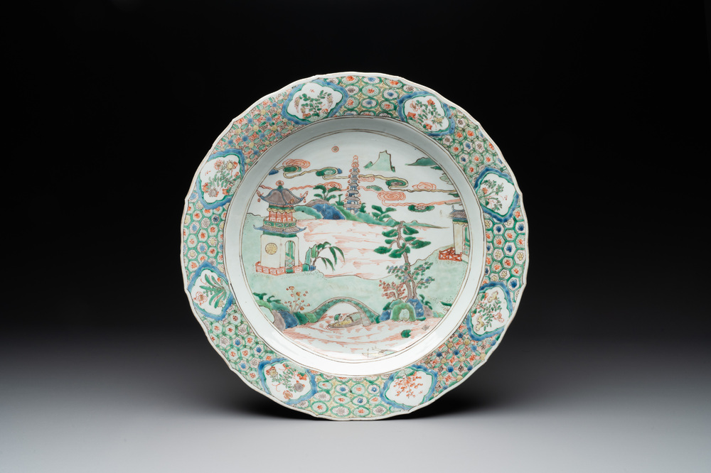 A Chinese famille verte 'river landscape' dish, artemisia leaf mark, Kangxi