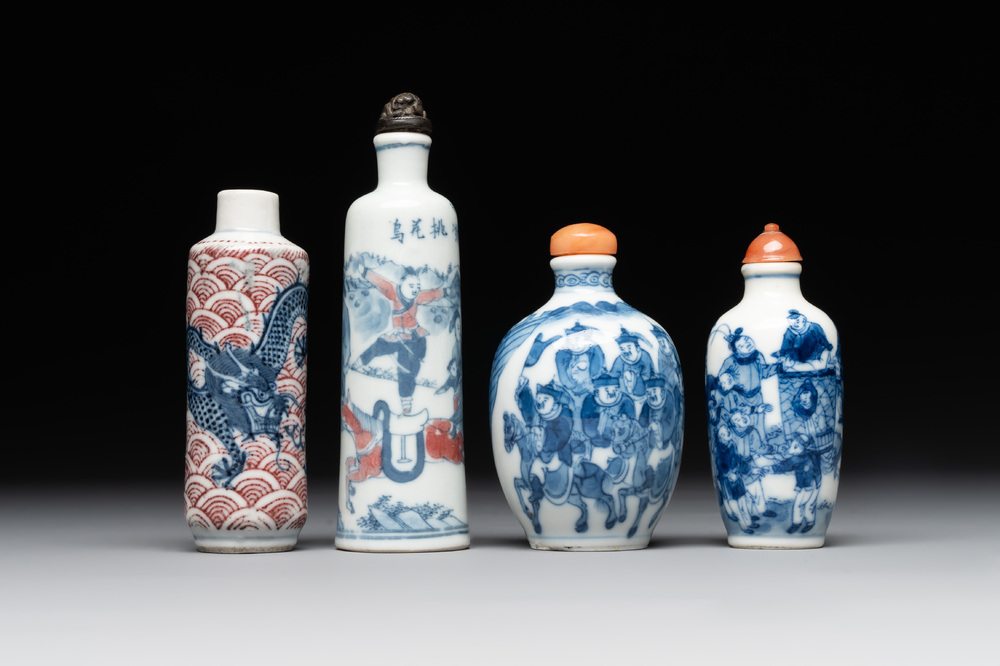 Two Chinese blue and white snuff bottles and two blue, white and copper-red snuff bottles, Yongzheng and Qianlong mark, 19th C.