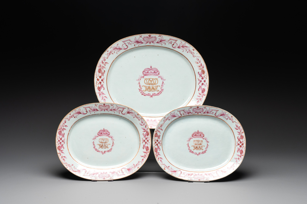 Three large oval Chinese crown-monogrammed puce-enamelled and gilt-decorated dishes, Qianlong