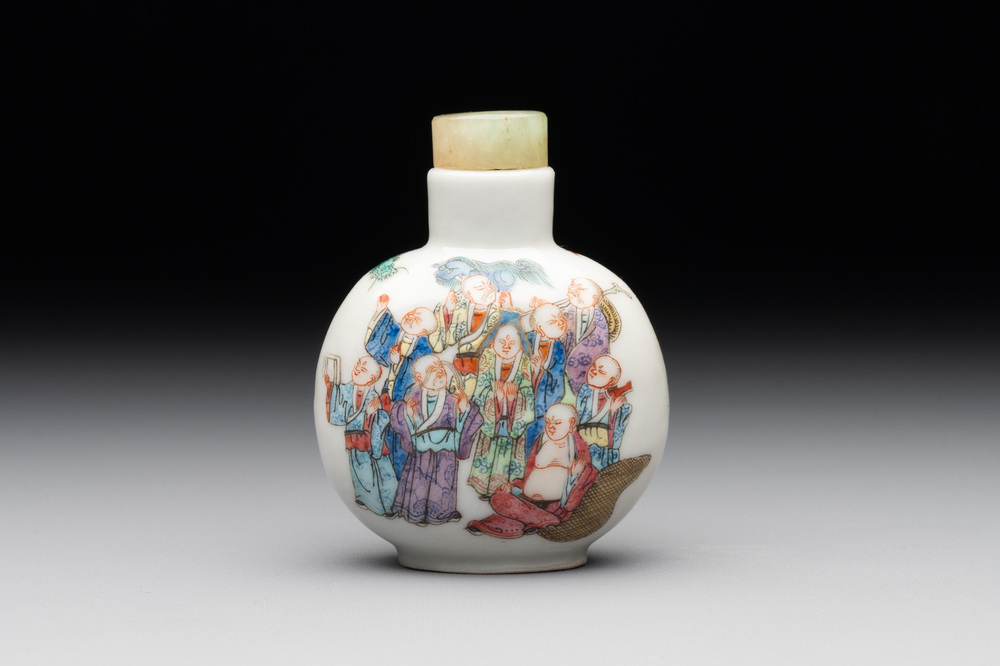 A Chinese famille rose '18 Luohan' snuff bottle, Daoguang mark and of the period
