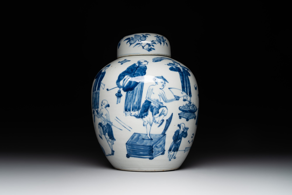 A rare Chinese blue and white 'figures' jar and cover, Kangxi mark, 19th C.