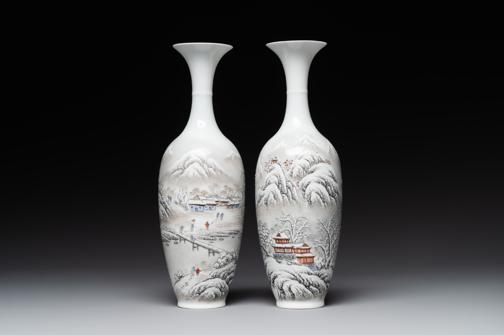 A pair of Chinese polychrome 'snow scene' vases, Jing De Zhen Zhi 景德鎮製 mark, dated 1979