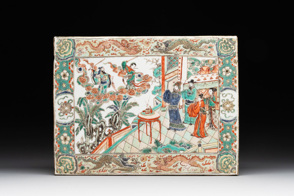A rectangular Chinese famille verte tile with two-sided design, Kangxi