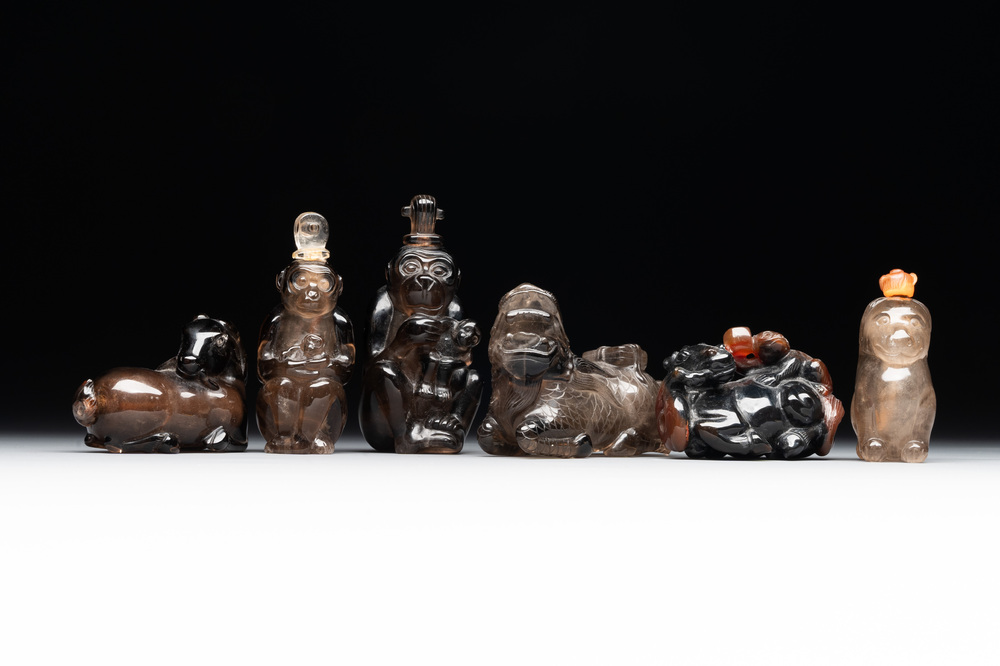 Six Chinese smoky quartz animal-form snuff bottles, 19th/20th C.