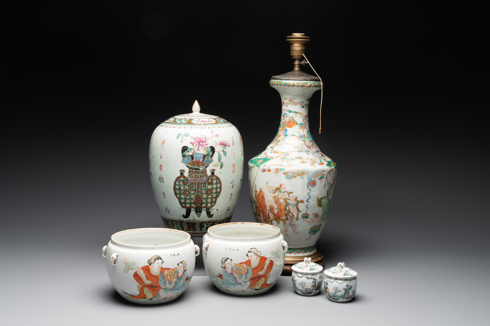 A Chinese famille verte vase, two famille rose jars and three covered jars, 19th C.