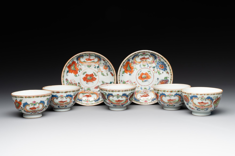 Five Chinese famille rose 'Madame de Pompadour' cups and two saucers, Qianlong, ca. 1745