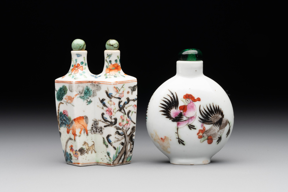 A Chinese double losange-shaped '12 zodiac animals' snuff bottle and a 'roosters' snuff bottle, 19th C.