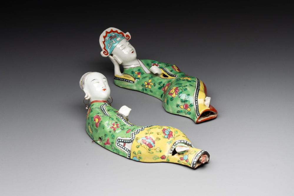Two Chinese famille rose reclining figures, 19th C.