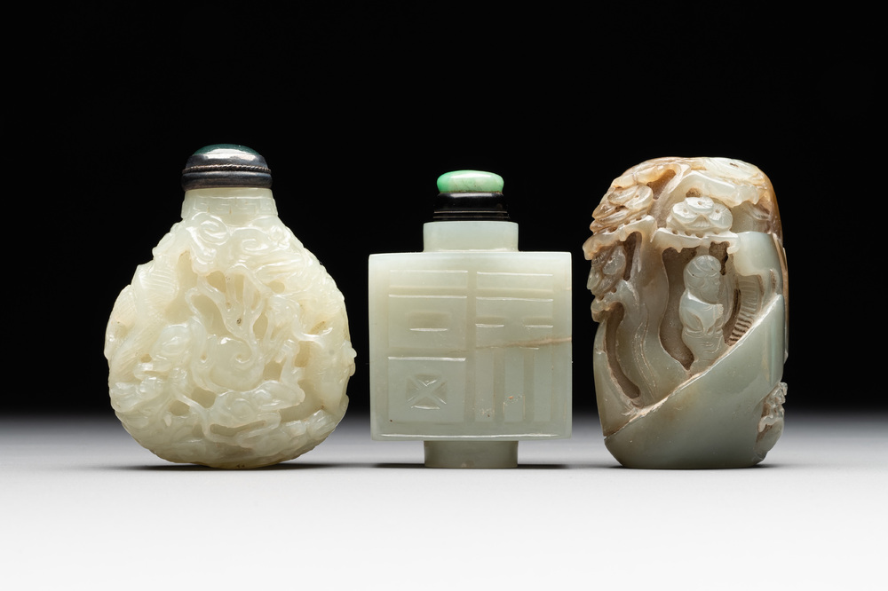 Three Chinese celadon jade snuff bottles, Qing