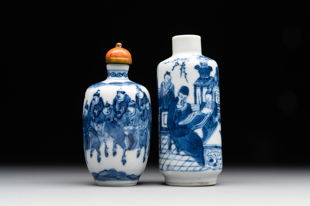 Two Chinese blue and white snuff bottles, Yongzheng mark, 18/19th C.