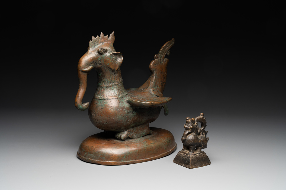 A large bronze sculpture and an opium weight in shape of Hintha or Hamsa, Burma/India, 17/18th C.