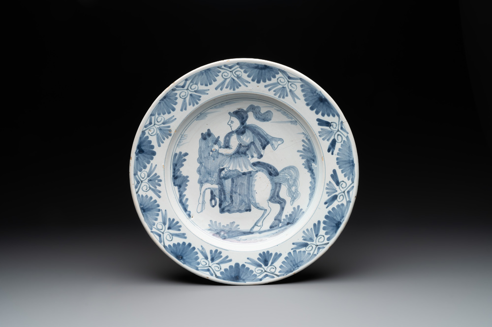 A blue and white Dutch maiolica dish with a rider on horseback, probably Harlingen, 2nd half 17th C.