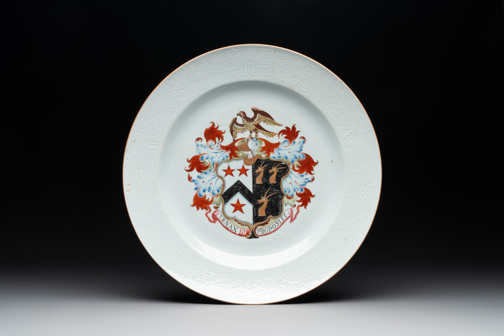 A Chinese famille rose armorial dish with incised rim for the English market with the arms of Willes Impaling Broster, Qianlong