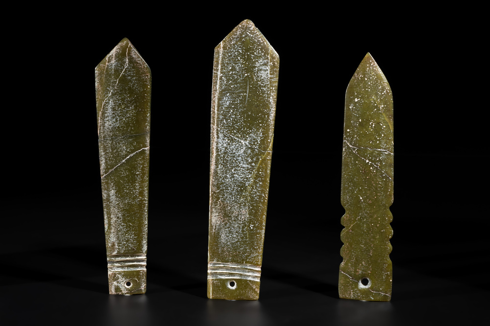Three Chinese green nephrite jade ceremonial blades, Shang, 12th C. B.C.