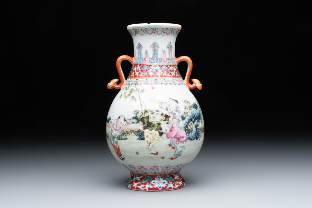 A Chinese famille rose 'hu' vase with playing boys, Qianlong mark, 20th C.