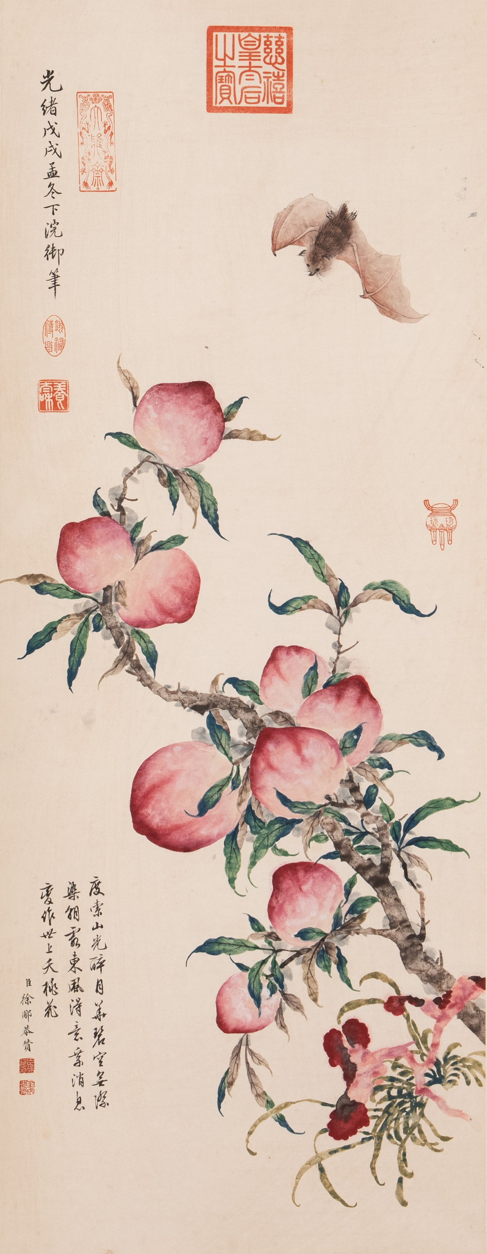 Xu Fu 徐郙 (1836-1908): 'Nine peaches and a bat', ink and colour on paper, dated 1898