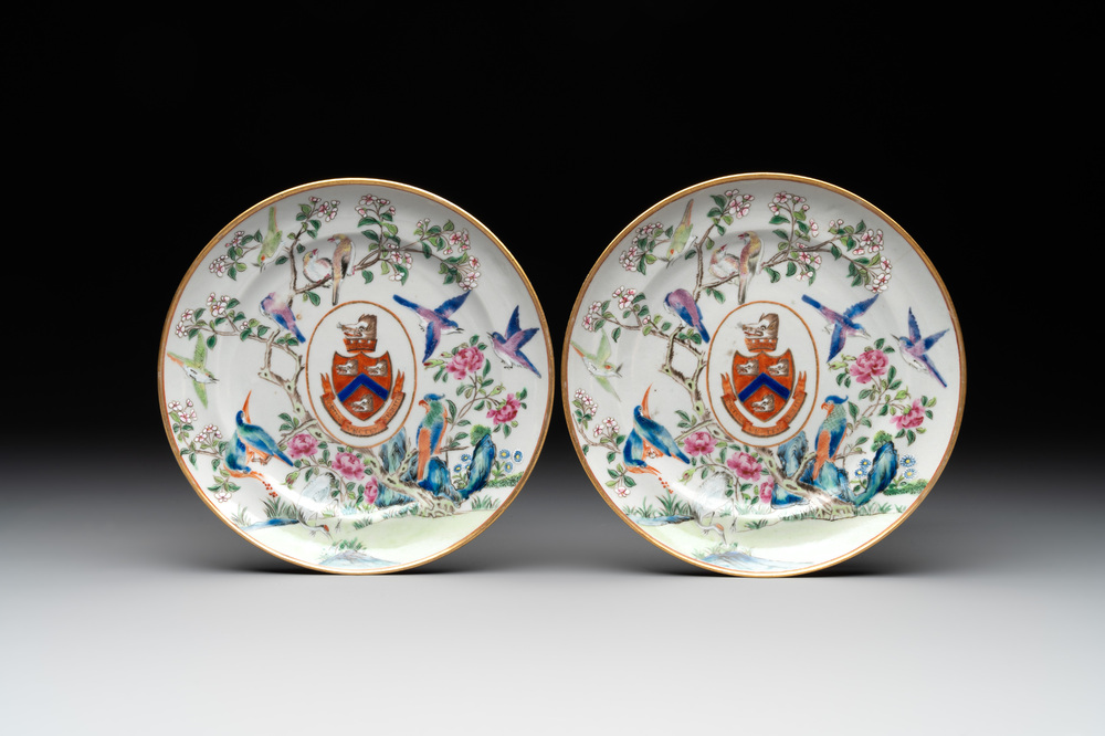 A pair of rare Chinese Canton famille rose armorial plates with the arms of Wight, ca. 1810