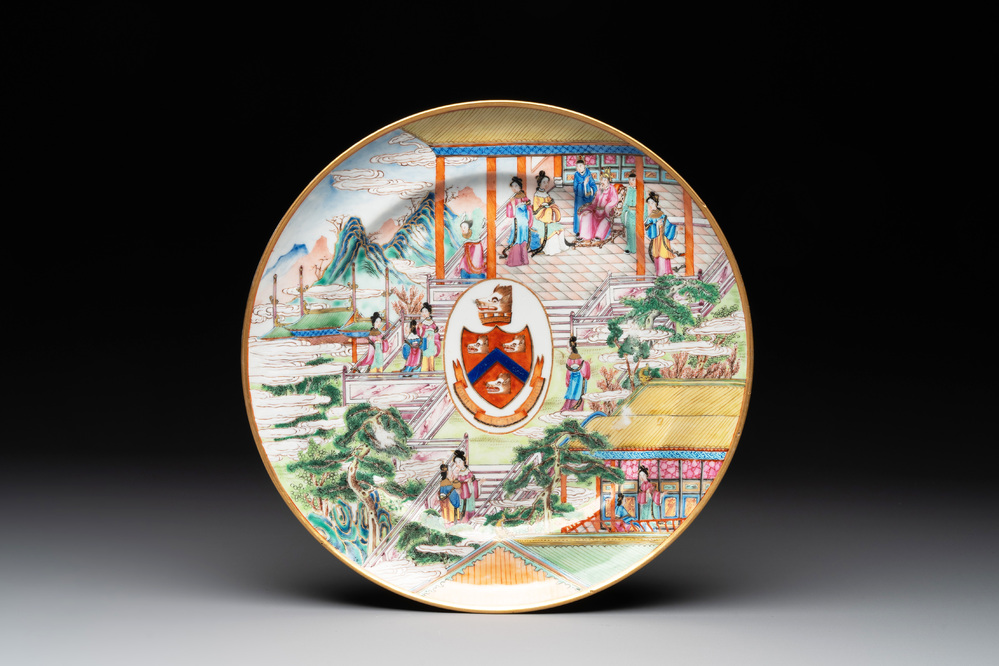 A rare Chinese Canton famille rose armorial dish with the arms of Wight, ca. 1810