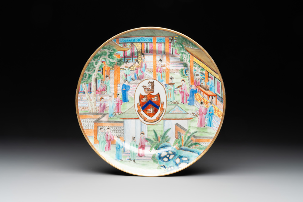 A rare Chinese Canton famille rose armorial dish with the arms of Wight, ca. 1810