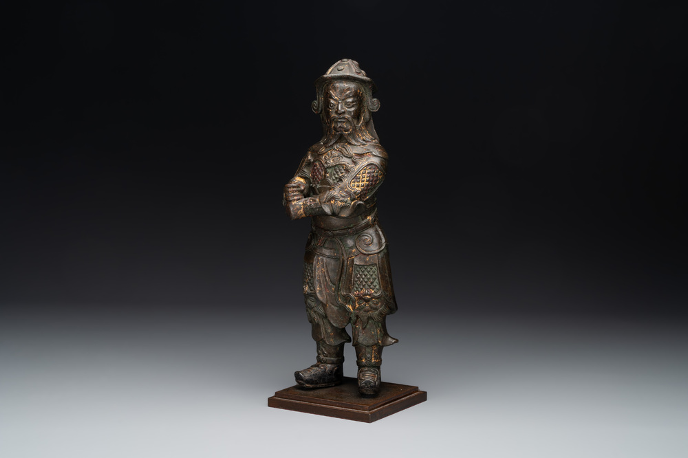 A fine Chinese gilt bronze figure of Zhou Cang 周倉, Ming
