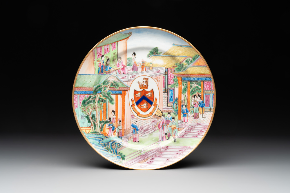 A rare Chinese Canton famille rose armorial dish with the arms of Wight, ca. 1810