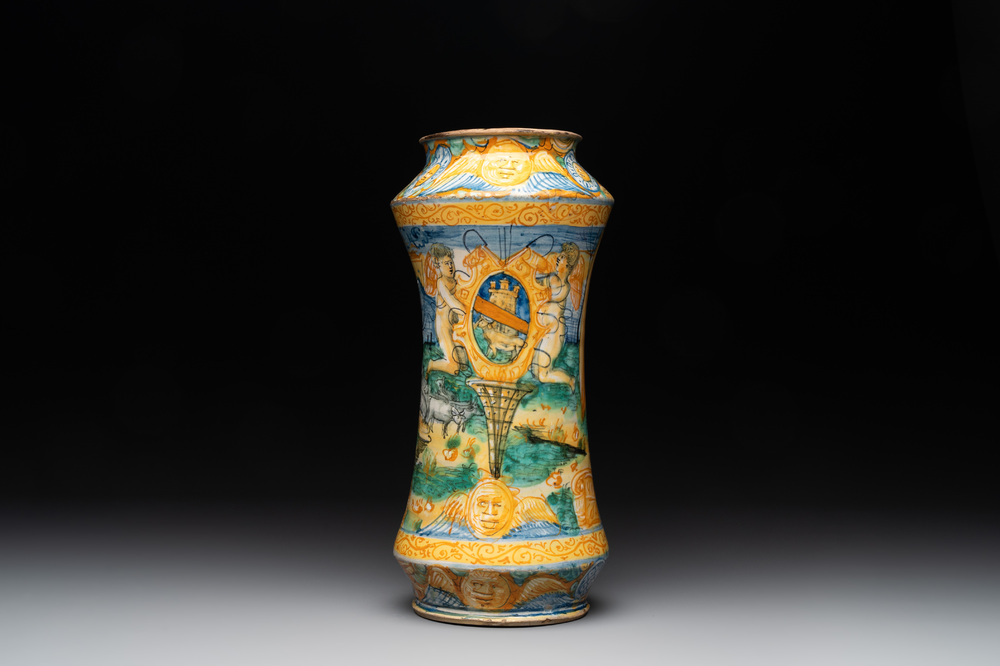 An Italian maiolica albarello with the arms of Boerio, Angelo and Ludovico Picchi workshop, Casteldurante, ca. 1562-1563