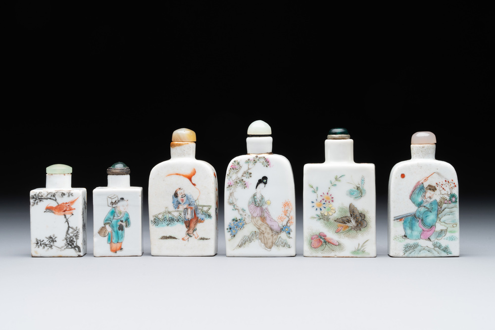 Six various Chinese famille rose snuff bottles, Zhou Hongkui 周洪葵造 mark, 19th C.