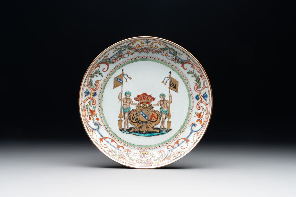 A Chinese famille rose armorial plate with the arms of Goos de Ghyseghem, Vecquemans and Golbeau for the Belgian market, Yongzheng, ca. 1730