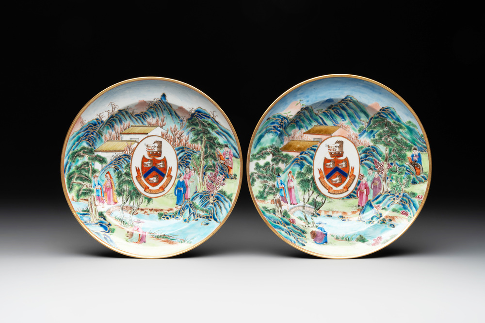 A pair of rare Chinese Canton famille rose armorial soup plates with the arms of Wight, ca. 1810