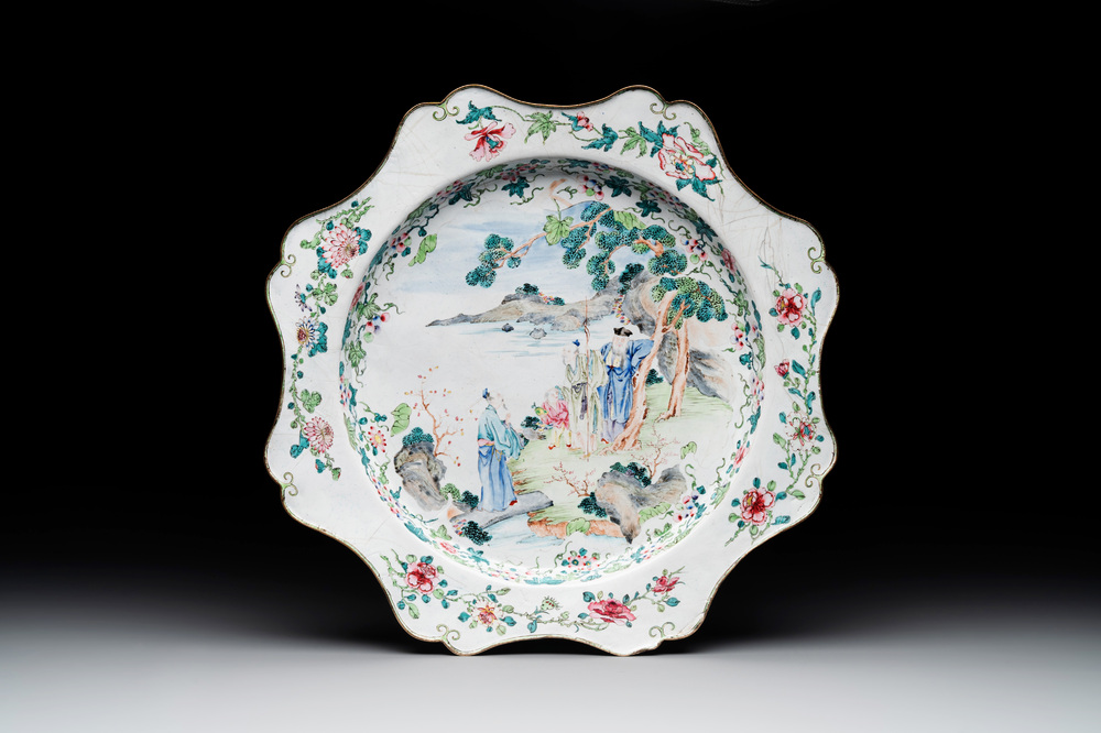 A large Chinese Canton enamel dish with scholars in a landscape, Yongzheng
