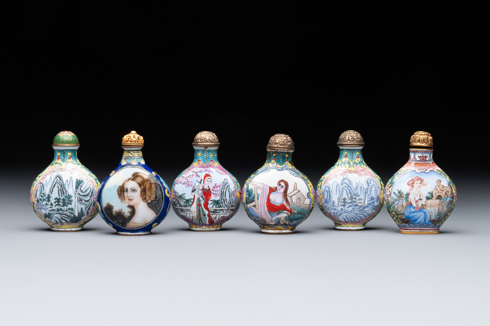 Six Chinese Peking enamel snuff bottles with European design, Qianlong mark, 19/20th C.