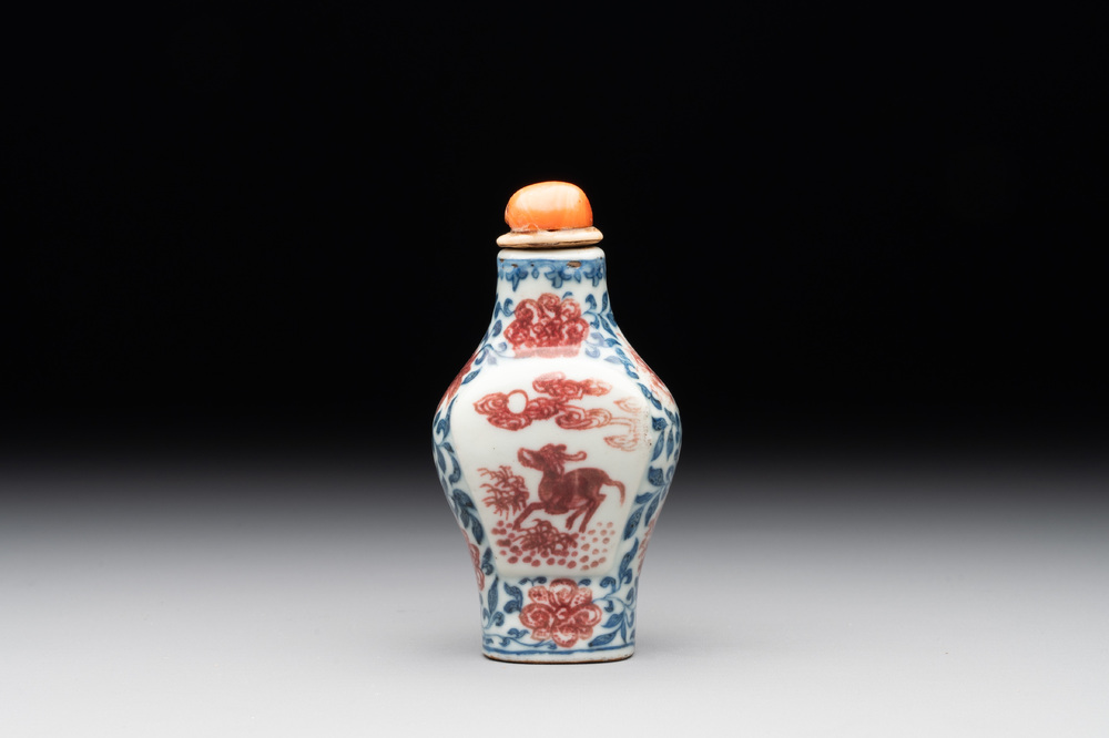 A Chinese blue, white and copper-red snuff 'deer' bottle, Yongzheng mark and of the period