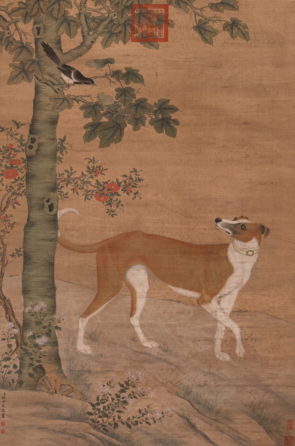Chinese school, after Giuseppe Castiglione 郎世寧 (1688-1766): 'Hound under the sycamore tree', ink and colour on silk, Qianlong seal mark,18/19th C.