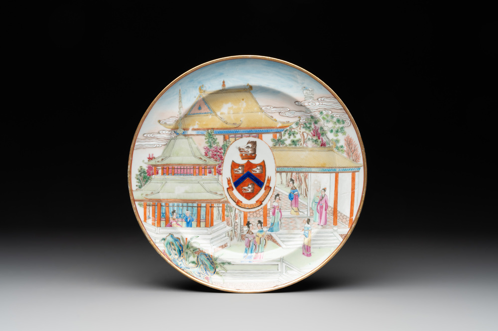 A rare Chinese Canton famille rose armorial dish with the arms of Wight, ca. 1810