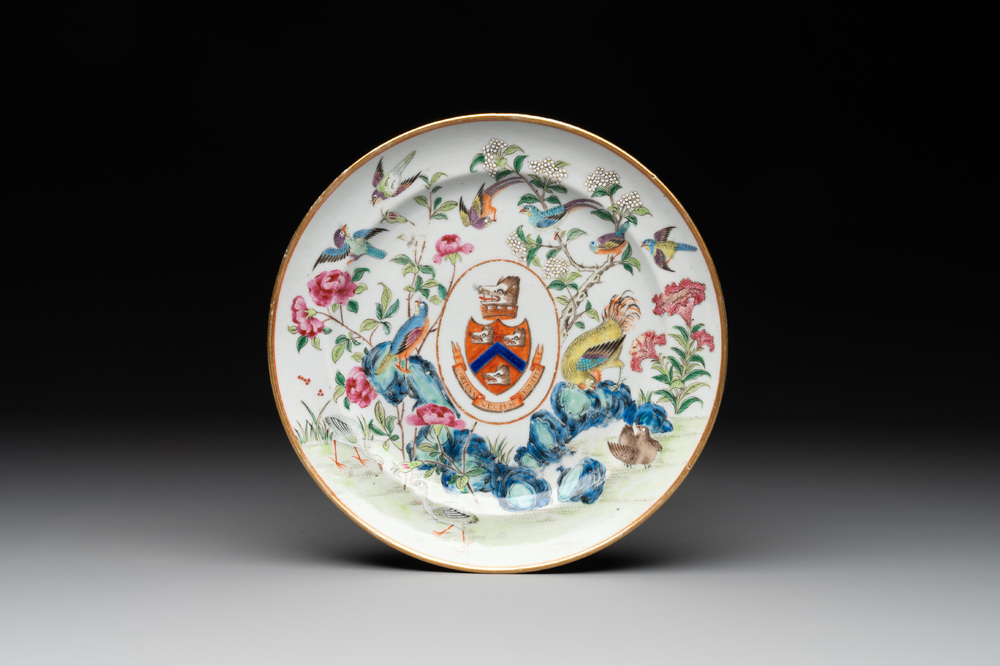 A rare Chinese Canton famille rose armorial plate with the arms of Wight, ca. 1810