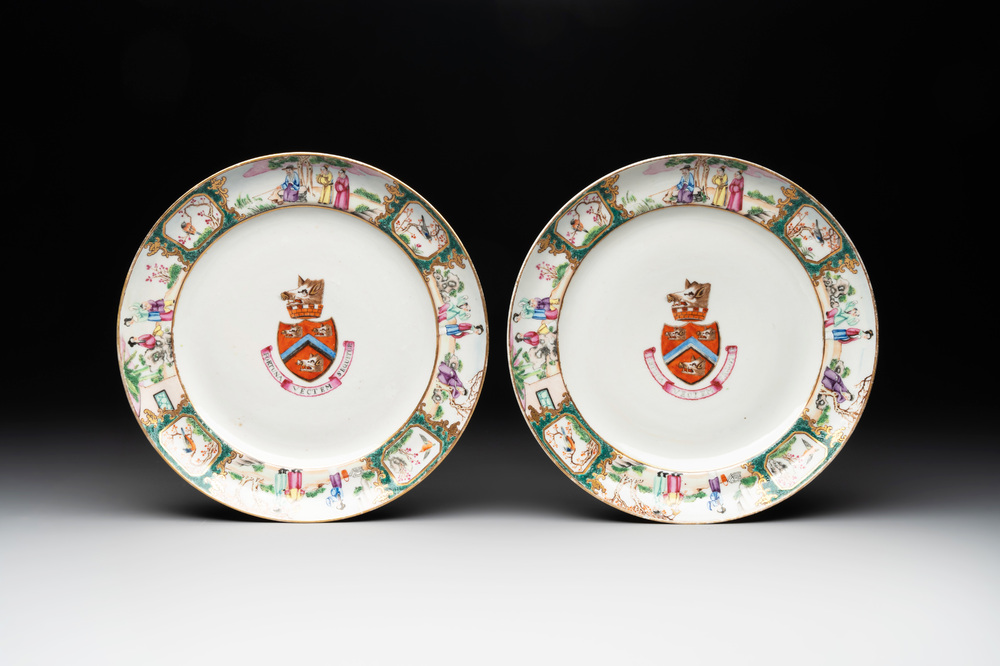 A pair of rare Chinese Canton famille rose armorial plates with the arms of Wight, ca. 1810