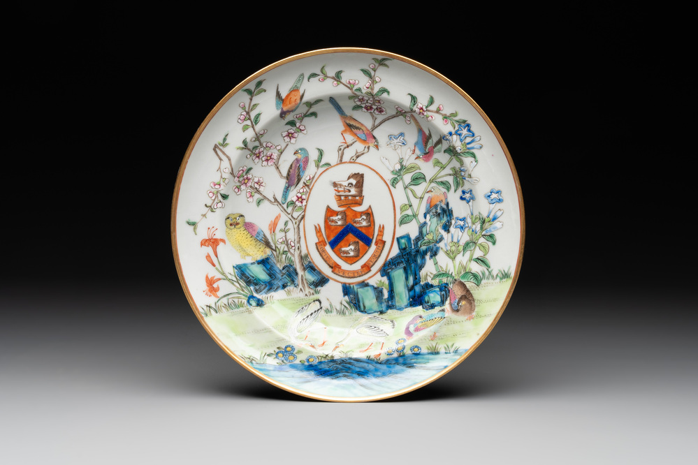 A rare Chinese Canton famille rose armorial dish with the arms of Wight, ca. 1810