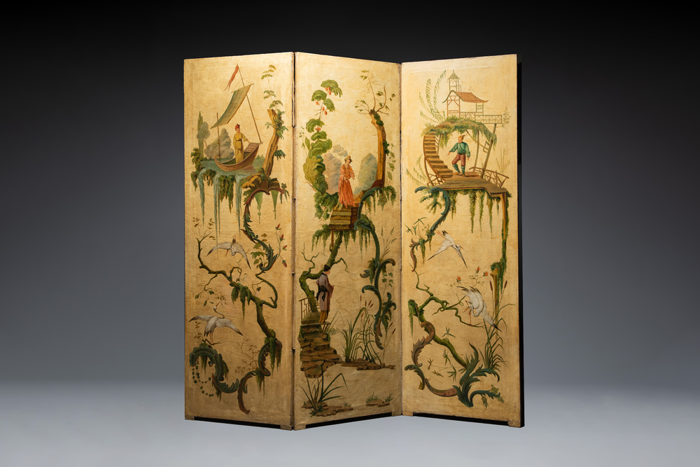 A French or Belgian three-part 'chinoiserie' folding screen, 18/19th C.