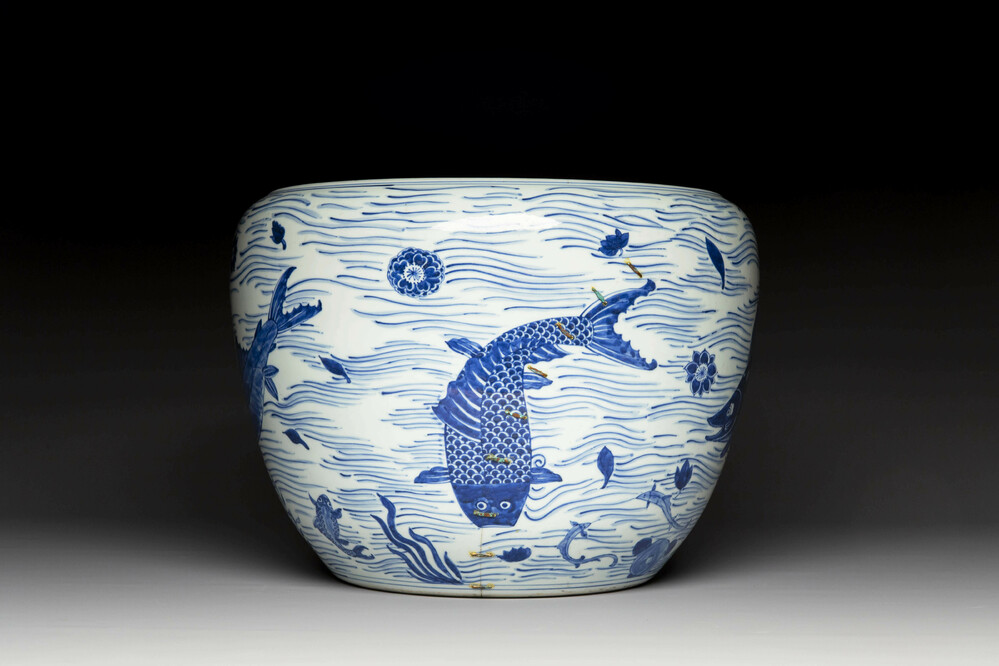 A Chinese blue and white 'carp' fishbowl, Kangxi