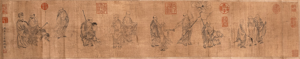 Ding Yunpeng 丁云鹏 (1547- ca. 1628): '14 Luohan', ink and colour on silk, Qianlong seal mark