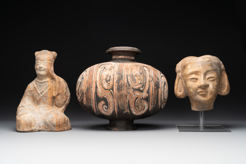 Two Chinese terracotta sculptures and a painted cocoon vase, Han