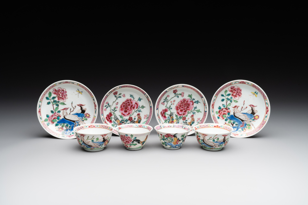 Two pairs of Chinese famille rose cups and saucers with pheasants and roosters, Yongzheng/Qianlong