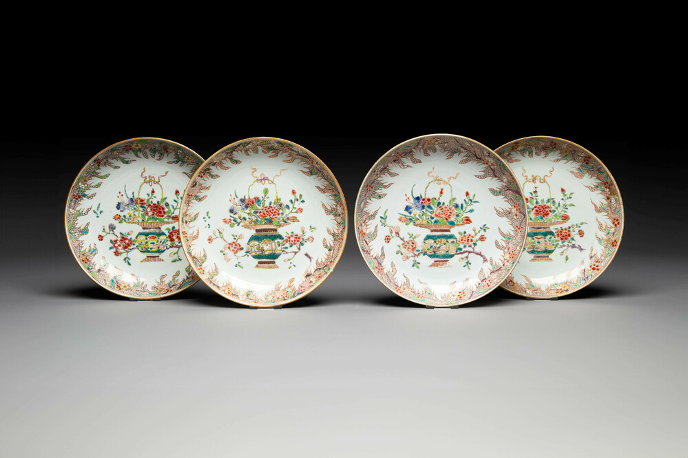 Four Chinese famille rose 'flower basket' plates, Qianlong
