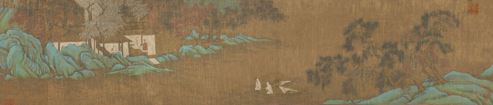 Chinese school: 'Sages in a lake landscape', ink and colour on silk, Ming or later