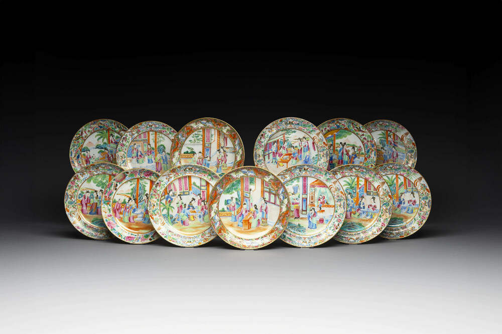 Thirteen Chinese Canton famille rose plates with narrative design, 19th C.
