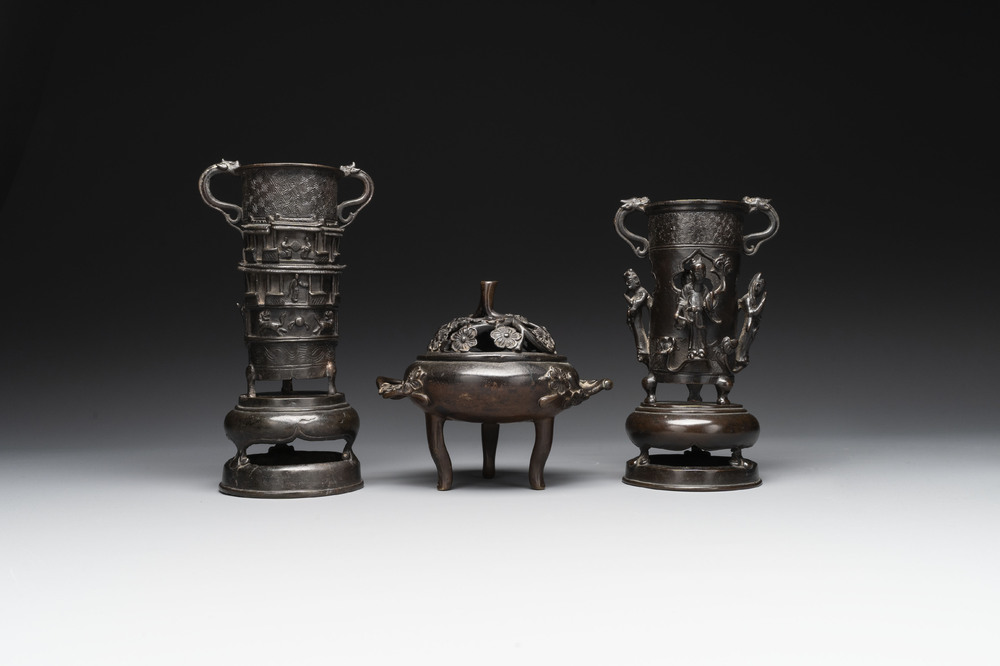 Two Chinese Chinese bronze cylindrical incense stick holders and a covered censer, Yuan/Ming and Qing