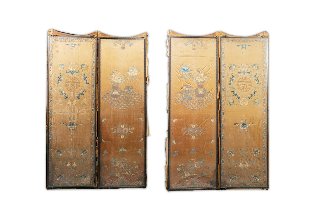 A pair of Chinese gold-thread-embroidered silk 'antiquities' folding screens, 19th C.