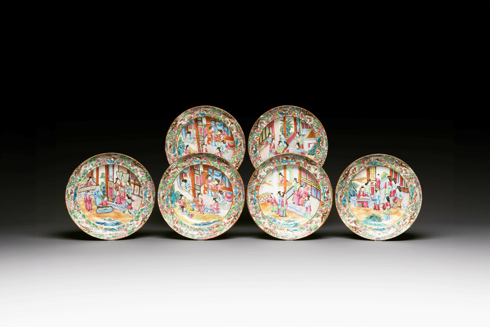 Six Chinese Canton famille rose deep plates with narrative design, 19th C.